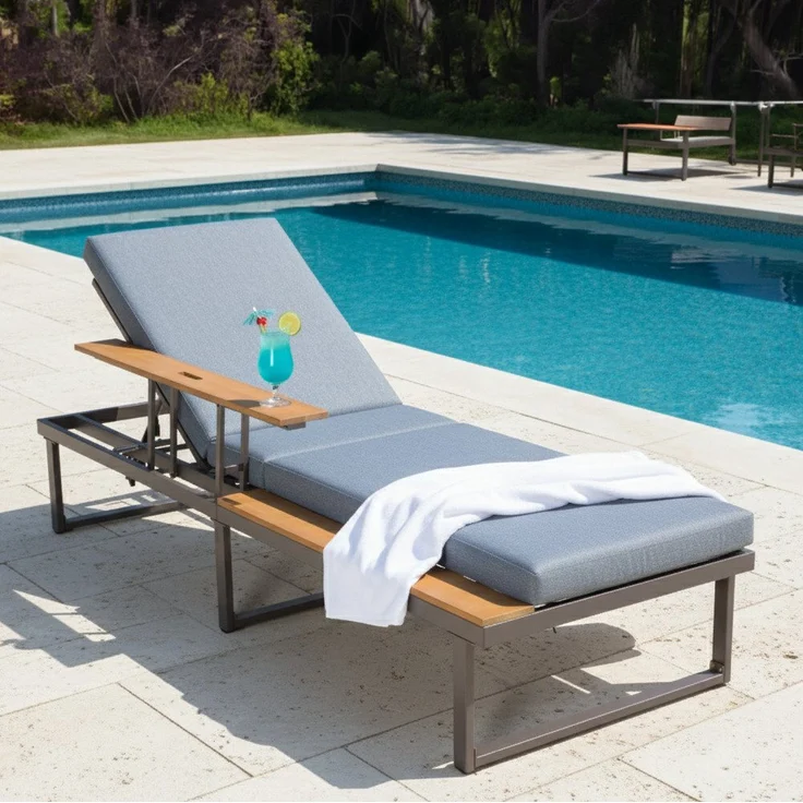 acamp FANO Relaxliege, verstellbare Sonnenliege aus pulverbeschichtetem Stahl mit 8 cm wasserabweisender Polsterauflage und FSC Akazienholz-Seitenablage, teakfarben geölt