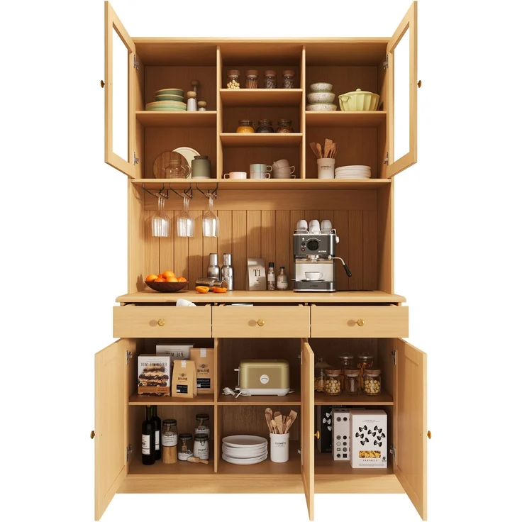 Buffetschrank mit Glastüren, Gläserhalter & USB-Anschluss, 120x40x191 cm, Naturholz – Bild 7