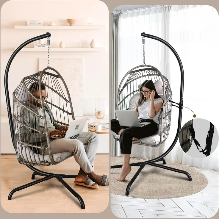 Hängesessel Rattan Korbgeflecht Kissen Gestelle Schwarz Stuhl Grau – Bild 6