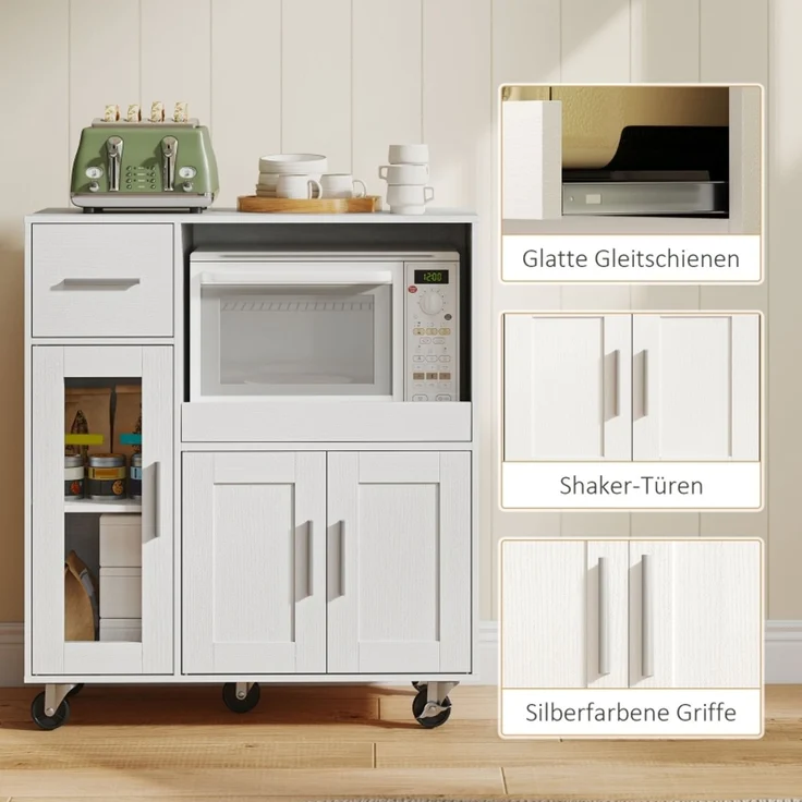 EINHOM Küchenschrank auf Rädern, Mobile Küchenkommode mit Ablagen, Schubladen, Verstellbarem Regal, Kabelloch, Weiß – Bild 6