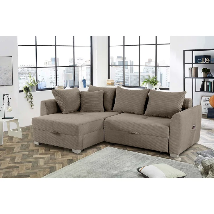 Ecksofa L-Form Couch Polsterecke Schlaffunktion Bettkasten in Cord Braun Taupe – Bild 7