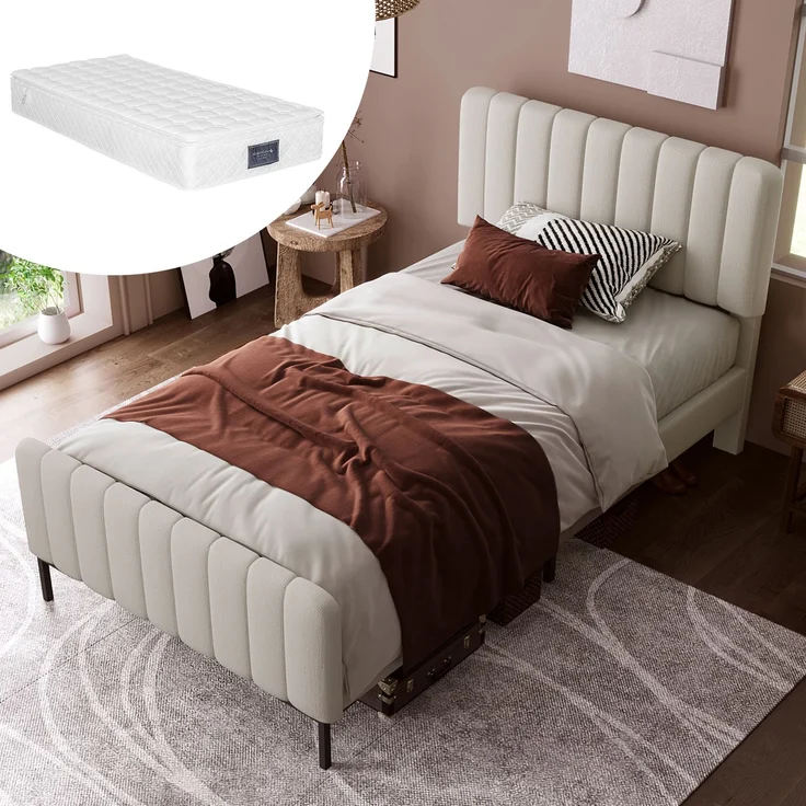 Polsterbett 90x200 cm mit höhenverstellbarem Kopfteil, stabilem Metallrahmen & Holzlatten, Stoff Grau-Beige,inklusive Matratze – Bild 1
