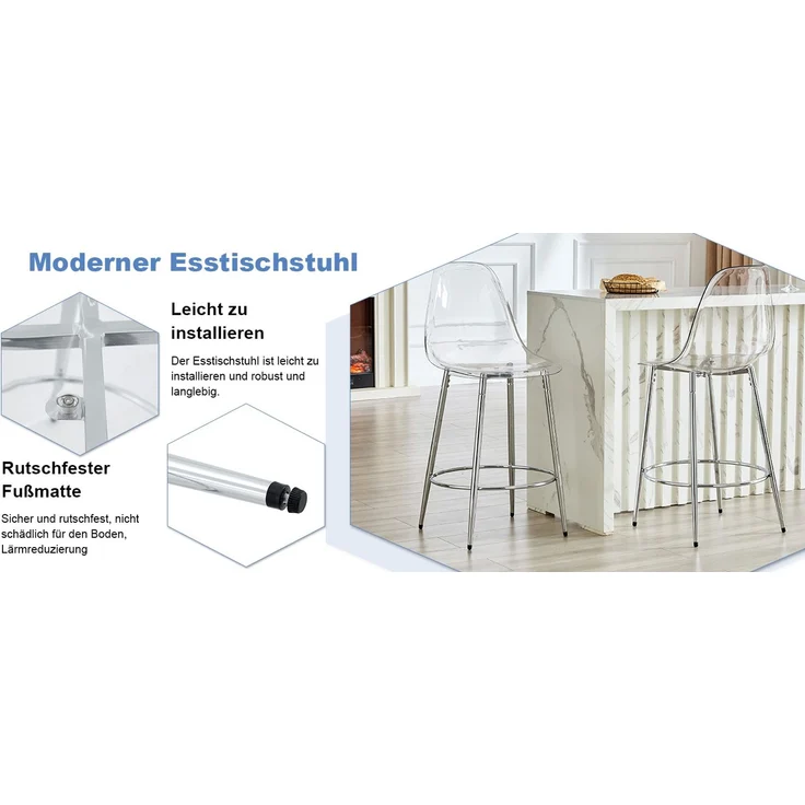 2er-Set transparenter Barhocker mit Schwebendesign – ideal für europäische Küchen. Silberne Metallbeine passen perfekt zum modernen Luxus-Minimalismus.Höhe: 102 cm.--Silber, Transparent--102x48.5x48.5cm--YOUDENOVA – Bild 2