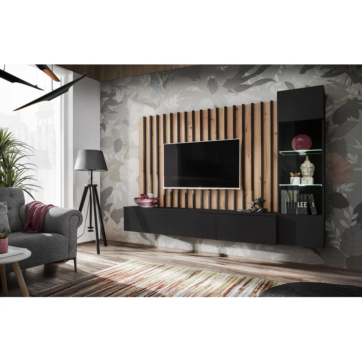 Wohnwand Verti mit Beleuchtung in Schwarz und Artrisan mit Lamellenplatte 220 x 148 x 35 cm 3-teilig – Bild 1