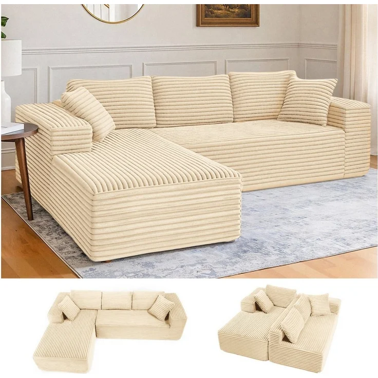 COMHOMA Sofa Big-Sofa, L-förmige Sofa, Couch Ecksofa, Chaiselongue Schlafsofa, mit tiefer Sitzfläche und breiten Armlehnen, Cordstoff – Bild 5