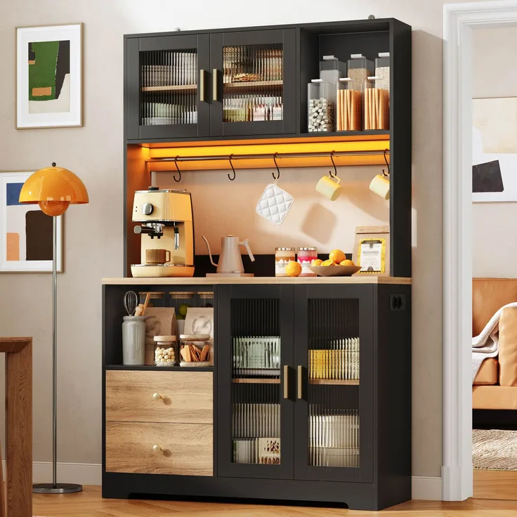 178 cm Küchenschrank, Hochschrank mit LED, Küchenregal mit Steckdose, Vitrine mit Türen aus gehärtetem Glas, Weinregal, Schwarz mit Holzoptik verstärkter Arbeitsplatte--Schwarz--110x40x178cm--YOUDENOVA
