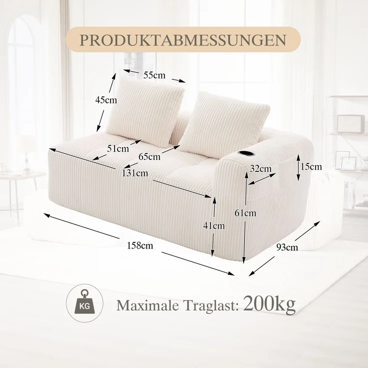 2-Sitzer Sofa, Cord mit Seitenfächern & Becherhaltern, 158x93x61 cm, Beige – Bild 10