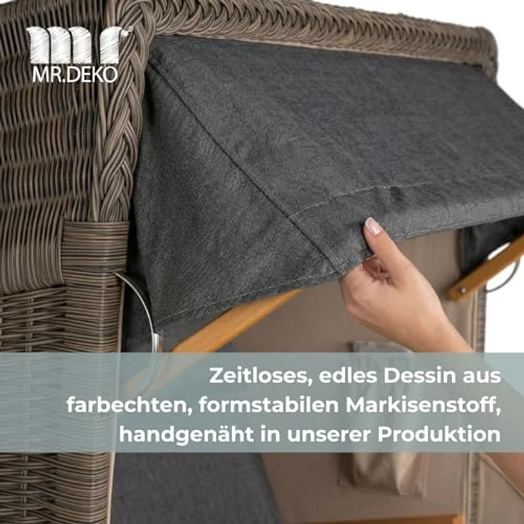 MR. DEKO Strandkorb 2-Sitzer Schleswig Pinie Braun PE Mokka, aufgebaut geliefert, BxTxH: 120x80x160 cm, 2-Sitzer, Schleswig, (Zweisitzer Strandkorb mit Bistrotischen & Fußstützen), Bereits montiert, UV-beständig, Volllieger & Edelstahl-Beschläge – Bild 7