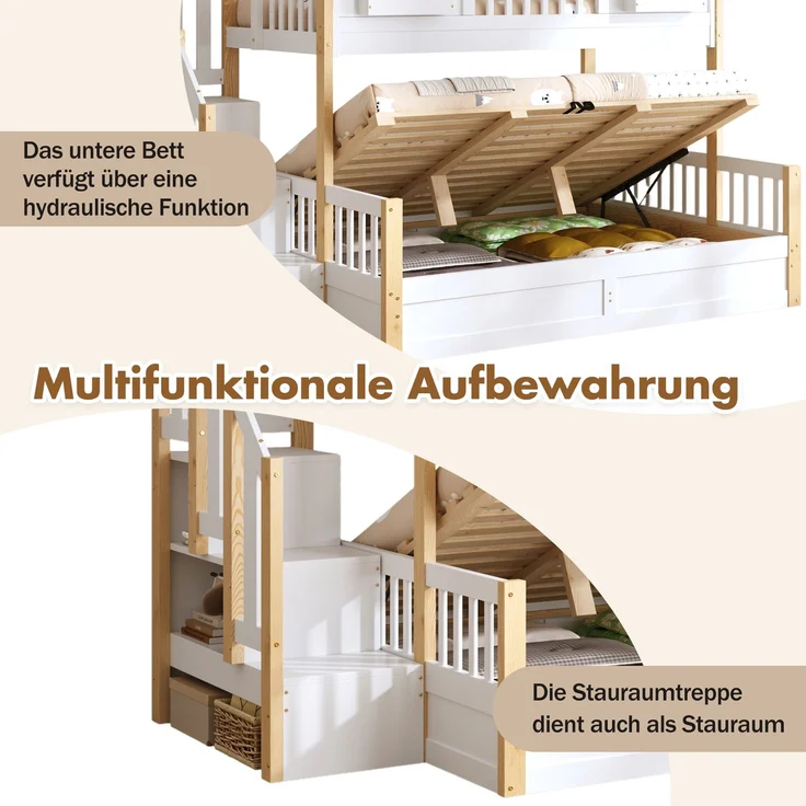 Merax Etagenbett, Kinderbett, 90*200+140*200cm, Holzbett, Hausbett, mit hydraulischem Unterbett, Hochbett mit LED und Stauraumtreppe, weiß+Naturfarbe – Bild 5