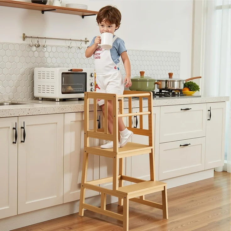 Toboli Kinderstuhl Lernturm aus Bambus, BxTxH 46 x 46 x 89 cm mit Geländer, Schutzstab, Lernstuhl für Kinder, Braun – Bild 8