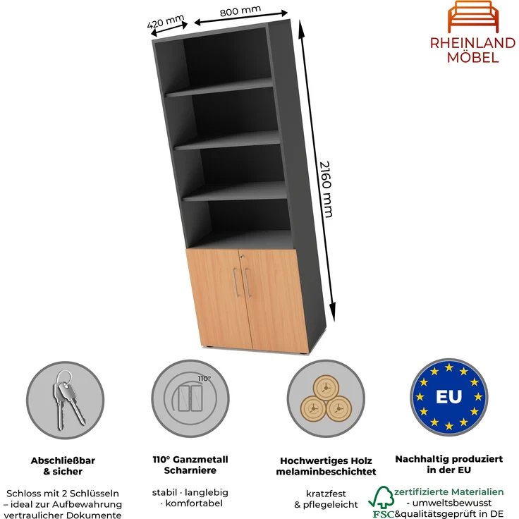 Rheinland Möbel Flügeltürenschrank Cabino 80×42×216 cm – abschließbarer Aktenschrank 2OH mit Regalaufsatz 4OH in Graphit/Buche mit 110° Drehtüren & Metallgriff – Bild 2