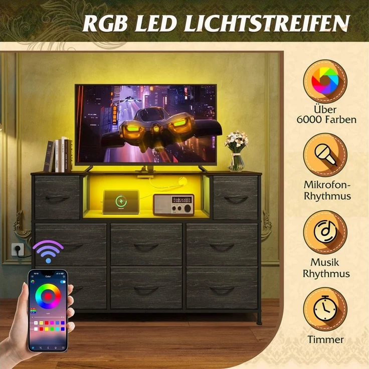 WLIVE Kommode mit 8 Stoffschubladen, LED-Beleuchtung und Ladestation (Aufbewahrungsschrank mit Holzplatte und Metallgestell, Aufbewahrungsschrank mit Holzplatte und Metallgestell), Schlafzimmerkommode für Wohnzimmer, Flur und Schlafzimmer – Bild 4