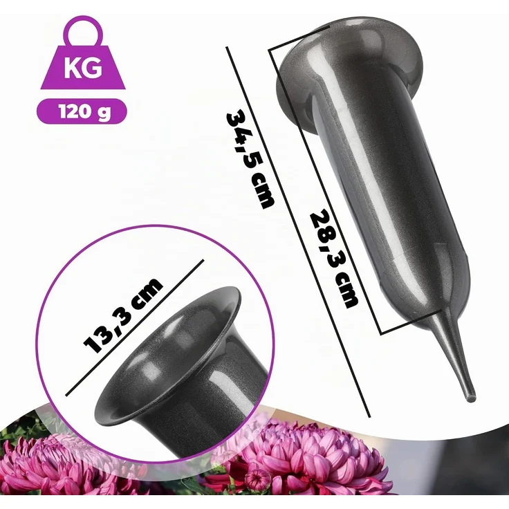 KADAX Vase, Fläschchen für Friedhof, 35 cm, künstliche Blumen, angetriebene Spitze, Graphit – Bild 3