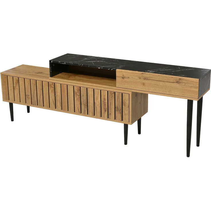 Merax Lowboard mit Tischplatte in Marmoroptik und Metallbeine, TV-Schrank stapelbar, TV-Board Länge verstellbar, Bis 200cm, Natur – Bild 7