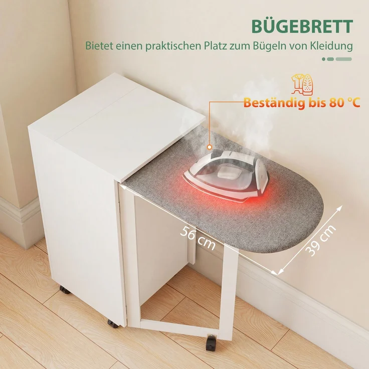 2-in-1 faltbarer Bügelbrettschrank auf Rollen mit Bügelbrett und verstellbarem Regal für kleine Räume, Weiß--Weiß--83x43x99.5cm--YOUDENOVA – Bild 7