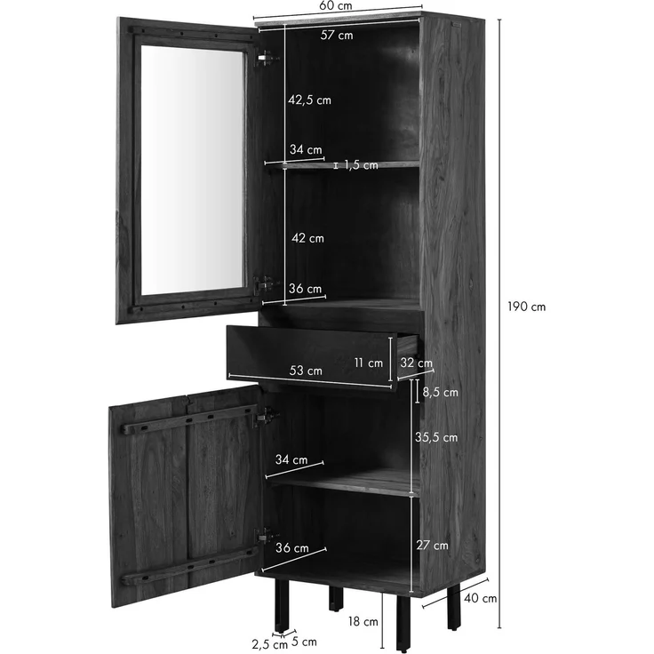 Vitrine Sheesham 60 x 40 x 190 natur unbehandelt LICHTENBERG #105 – Bild 7