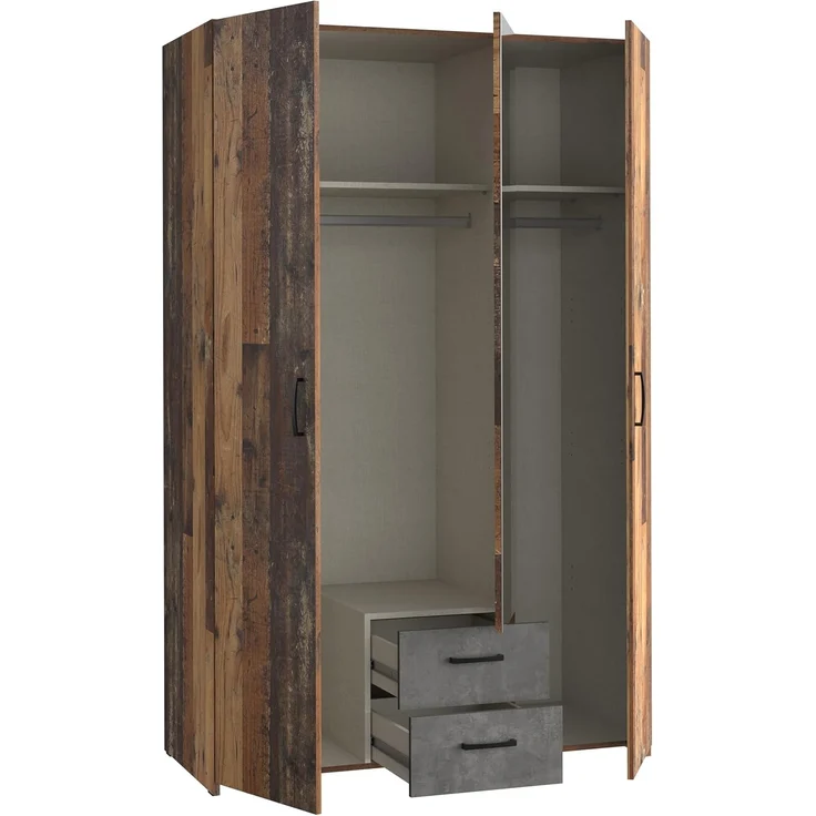 Forte ECONOBOX Kleiderschrank 120, rustikal, 3-türig, 2 Schubladen, Spiegel, Einlegeböden, Holzwerkstoff, Old Wood Vintage Holzdekor|Betonoptik Grau, 119,4 cm breit x 190,5 cm hoch x 54,4 cm tief – Bild 6