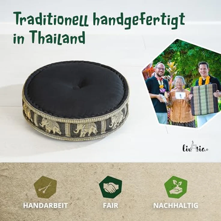 livasia Meditationskissen Zafukissen groß (Deluxe) vegan und handgefertigt, 44x15cm, Kapok – Bild 8