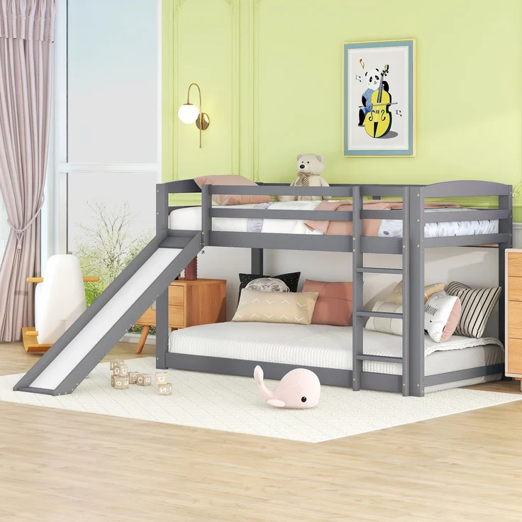 Etagenbett Kinderbett mit Rutsche 90x200 cm, Doppelstockbett für Jugendliche, platzsparendes Hochbett mit Geländer, Leiter beidseitig montierbar,Grau – Bild 4