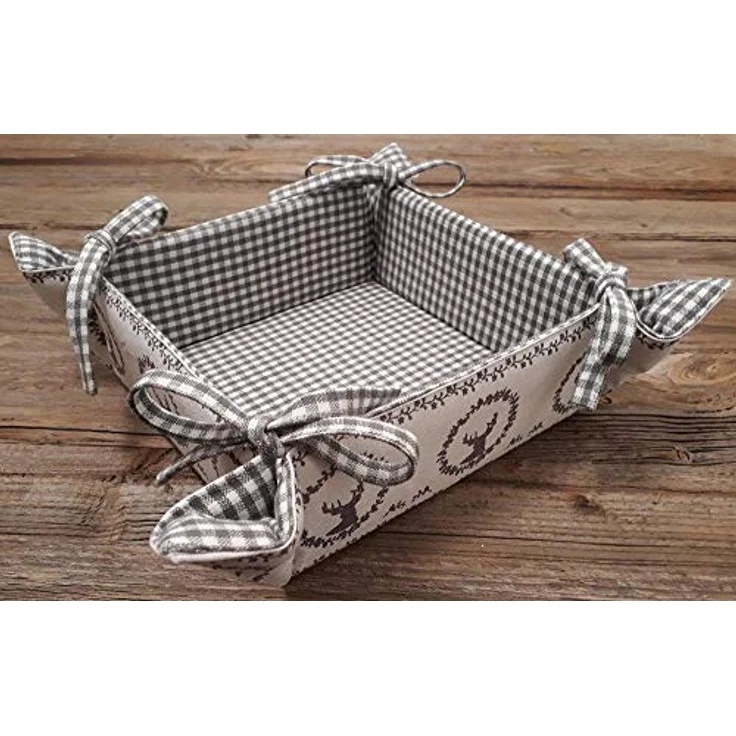 matches21 HOME & HOBBY Vorratsdose Brotkorb aus Stoff RESI Grau, kariert mit Hirsch Druck, in 20x20 cm, Textil, (1-tlg), Wiederverwendbar & Waschbar bis 30 Grad – Bild 2