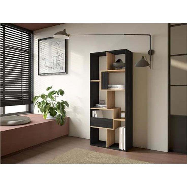Skraut Home | Bücherregal Bibliothek | Bookshelf, Bookcase | 162 x 67 x 31 cm | Aufbewahrungsregal | Moderner Stil | Schwarz und Eiche – Bild 3