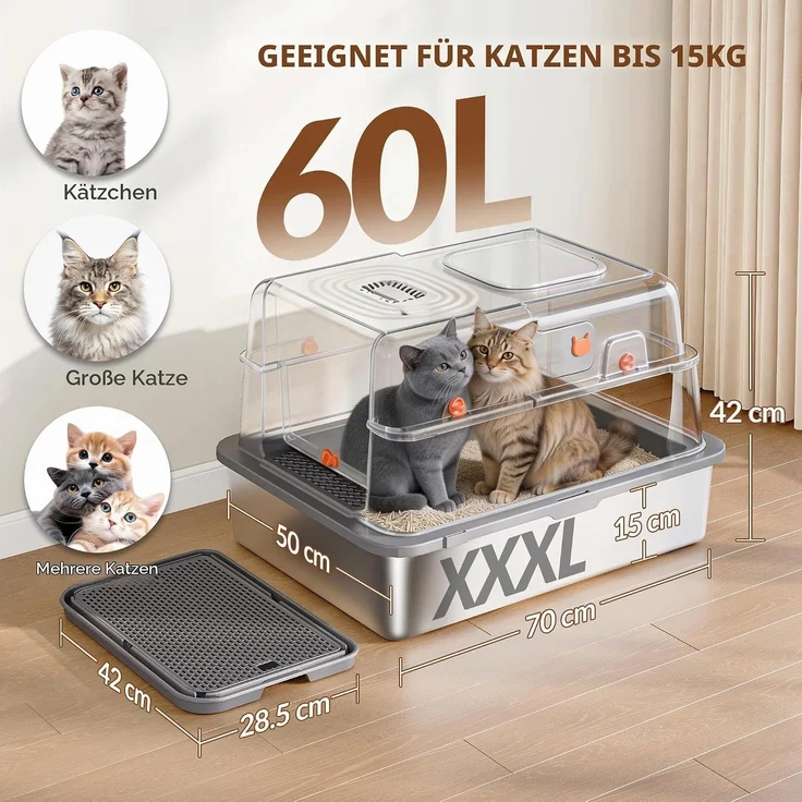 Edelstahl Katzenklo mit Deckel XXXL, 70 x 50 x 42cm, Dunkelgrau, Geschlossene Metall Katzentoilette, 105° Klappdeckel, Inklusive Pedal und Schaufel, Leicht zu Reinigen, Zwei Türen – Bild 5