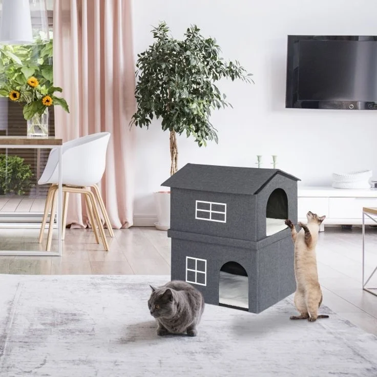 Relaxdays Katzenhaus 2 Etagen für drinnen, 71,5 x 44 x 62,5 cm, Grau – Bild 2
