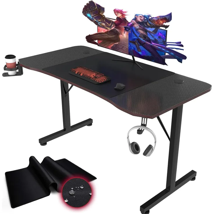 Devoko Gaiming Tisch 140x60 cm Gaming Schreibtisch Gamer Computertisch Ergonomischer PC Schreibtisch mit Getränkehalter und Kopfhörerhalter T-förmiger (Schwarz)
