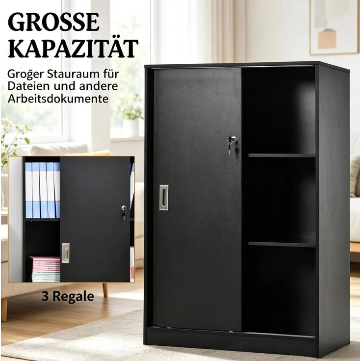 Dokumentenschrank mit Schiebetüren und Schloss, 80x40x120 cm, Schwarz – Bild 6