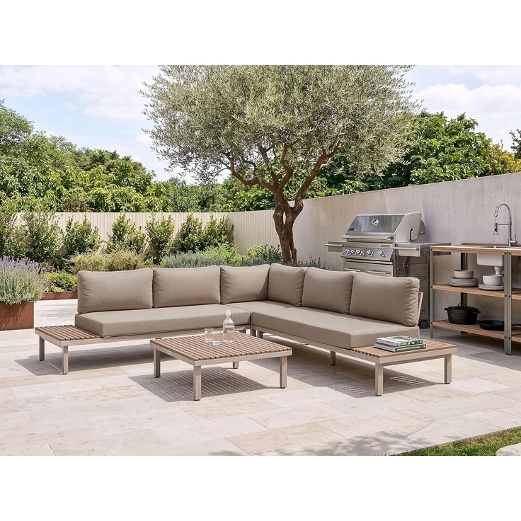 Garten Ecksofa mit Tisch 5-Sitzer FIVIZZANO Akazienholz Beige – Bild 2