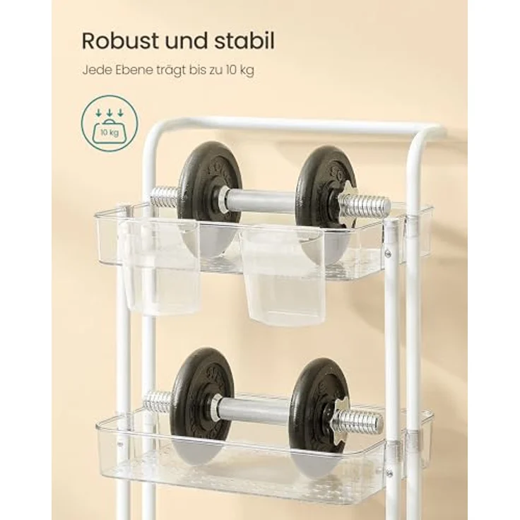 SONGMICS Rollwagen, 3 Ebenen, Servierwagen, Küchenwagen mit Griff, 2 kleine Einhängefächer, 2 Bremsen, Ablagefächer aus Kunststoff, einfacher Aufbau, Schlafzimmer, weiß-transparent BSC067W03 – Bild 7