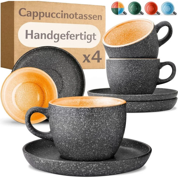 Cosumy Cappuccinotasse Cappuccino Tassen mit Untertassen 4er Set gelb, 8-tlg, Keramik, 200 ml Steingut mit reaktiver Glasur - hält lange warm – Bild 1