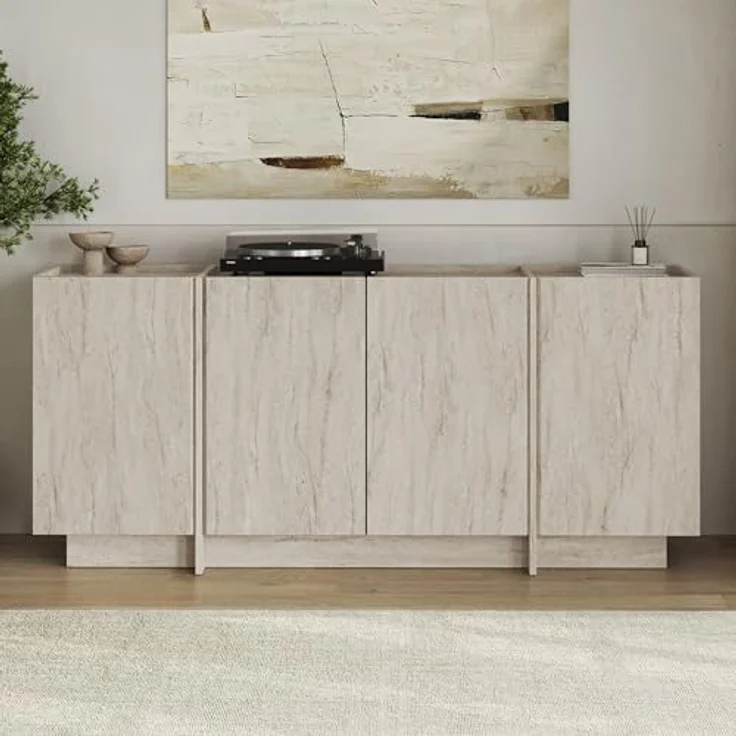 Modern Console Table, Travertine Color, 180 x 80 x 45 cm | 100% Melamine Coated Particle Board, 18 mm Thick | Features Soft-Close Hinges & Numerous Shelves | Stylish Addition to Any Home Décor – Bild 4