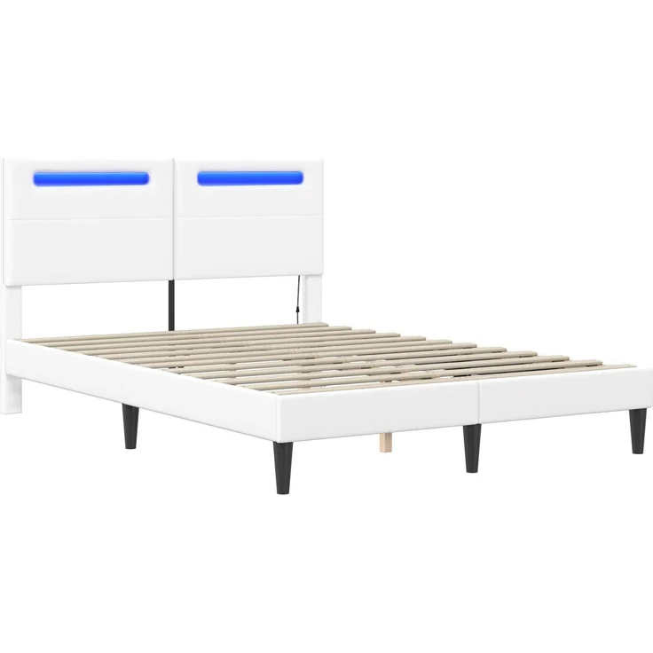 vidaXL Bettrahmen mit LED-Lichtleisten Weiß 140 x 190 cm Kunstleder 42028023 – Bild 5