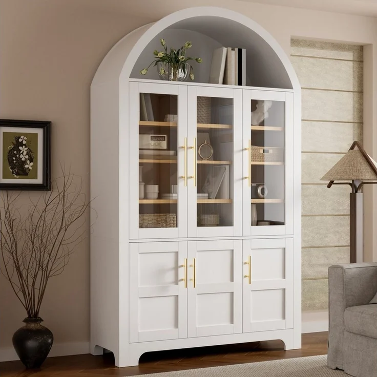 Merax Hochschrank mit 3 Glastüren, 3 geschlossenen Fächern & verstellbaren Einlegeböden (110 L x 40 B x 185 H cm, 1-St) Vitrinenschrank mit Bogen-Nische, Mehrzweckschrank, Wohnzimmerschrank – Bild 4