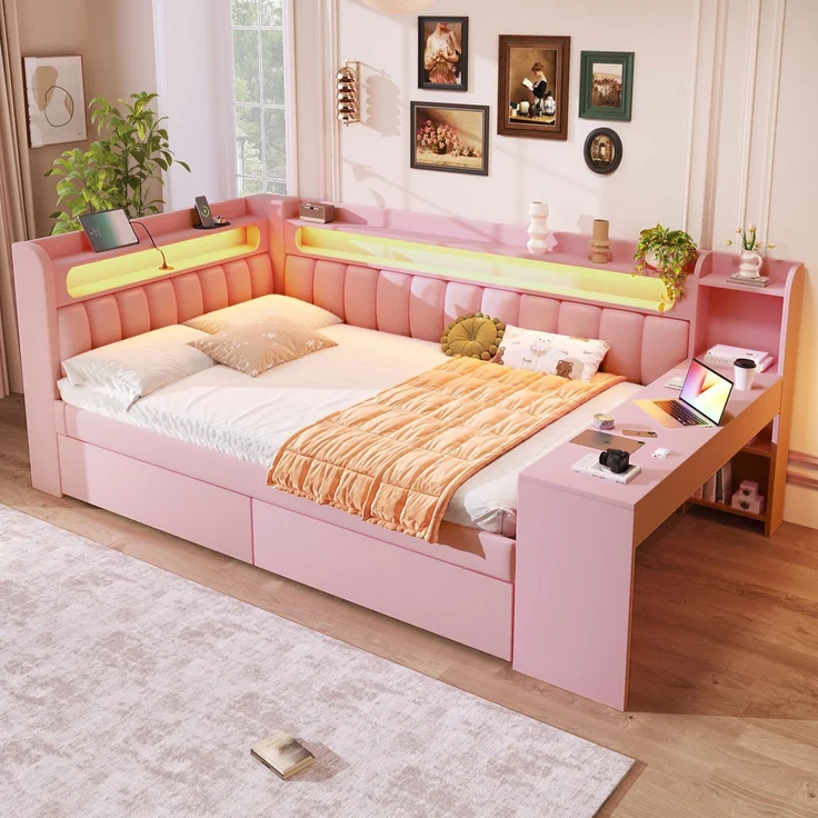 Stauraumbett mit gepolstertem Kopfteil, Schreibtisch und LED-Beleuchtung (140x200cm, Lattenrost, Regal, Schubladen, USB und Type-C), Doppelbett – Bild 2
