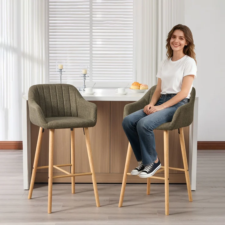 LVHOM Barhocker 2er Set, Barstühle mit Rückenlehnen und Armlehnen, Tresenhocker mit Holzbeinen, Tresenstuhl Stoff, Grün – Bild 8