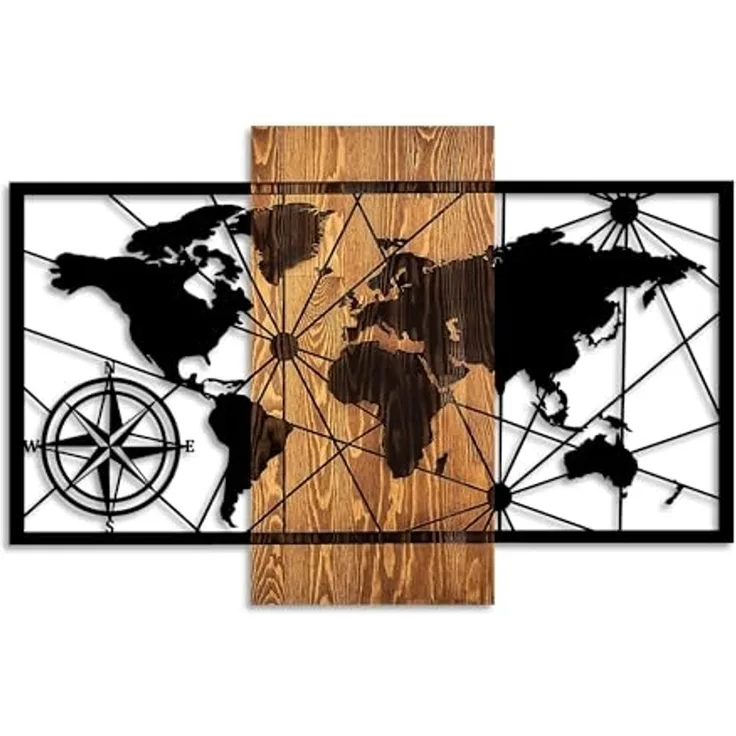 Wallity 'World Map 3-M' Dekoratives Wandaccessoire aus Holz, Walnuss / Schwarz, 84 x 57 cm