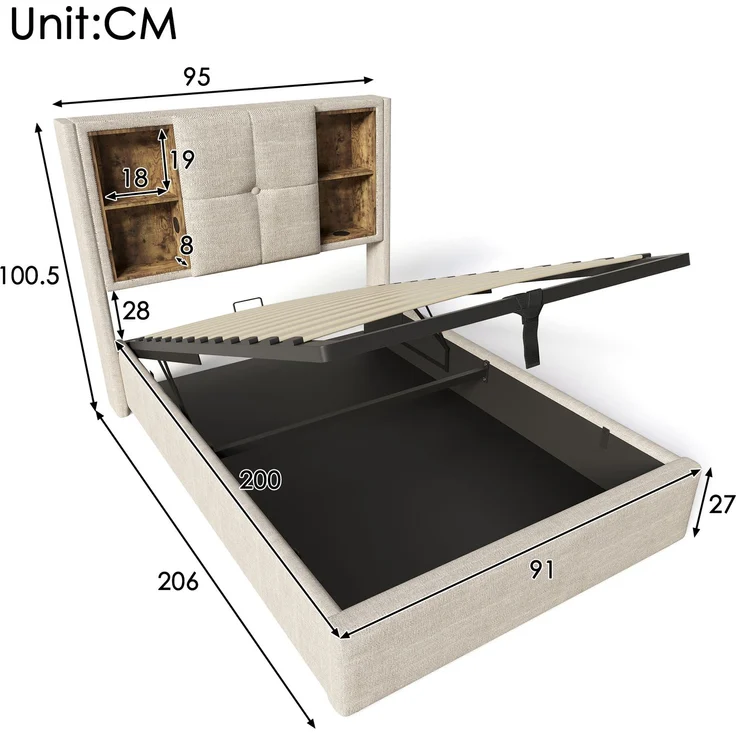 EINHOM Einzelbett 90x200cm mit Stauraum Lattenrost, Polsterbett mit Kabellosem Laden USB C, Leinen, Natürlich (Ohne Matratze) – Bild 3