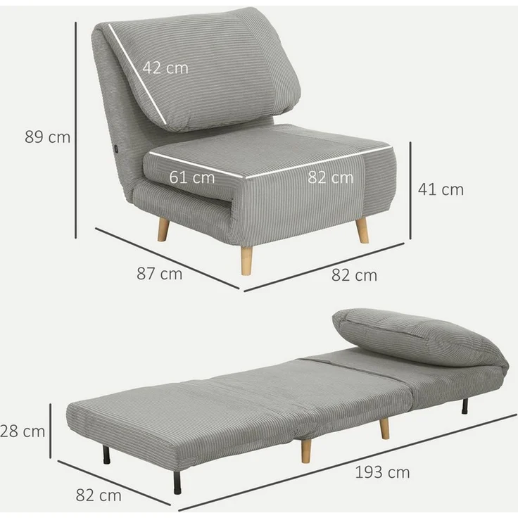 HOMCOM Sessel 2 in 1 Klappbar mit Bettfunktion, Verstellbarer Rückenlehne (Schlafsessel, 1-St, Schlafsofa), für Wohnzimmer, Schlafzimmer, Grau – Bild 2