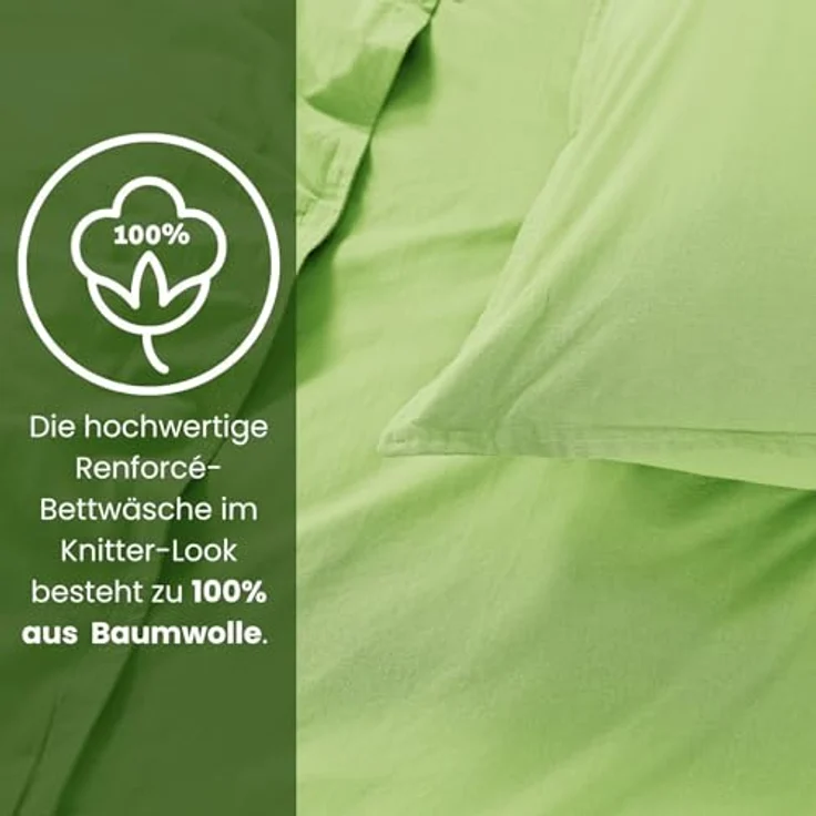 wometo Renforce-Bettwäsche Set, Hellgrün, 155x220 cm, Oeko-Tex® zertifiziert, Waschmaschine bis 60°C, Reißverschluss – Bild 4