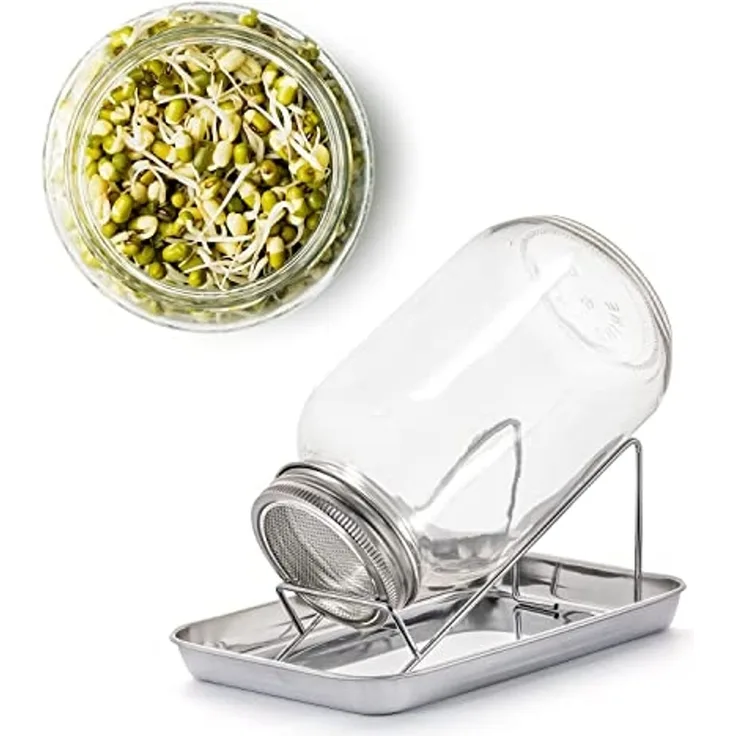 BigDean Anzuchttopf Sprossenglas Keimglas 1000ml mit Edelstahl-Gitterdeckel + Ständer (Set, Sprossengläser), Sprossenglas, Leichte Anwendung, Gesunde Ernährung, Einfache Reinigung