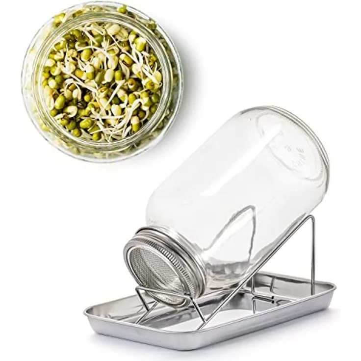 BigDean Anzuchttopf Sprossenglas Keimglas 1000ml mit Edelstahl-Gitterdeckel + Ständer (Set, Sprossengläser), Sprossenglas, Leichte Anwendung, Gesunde Ernährung, Einfache Reinigung – Bild 1