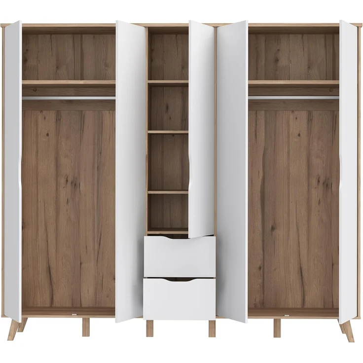 Forte VANKKA Kleiderschrank 230, Skandi Schrank mit 5 Drehtüren und 2 Schubladen, Filigrane Möbelbeine, Holzwerkstoff, Planked Eiche Holzdekor | Weiß, 228,8 cm breit x 201,5 cm hoch x 52,7 cm tief – Bild 9