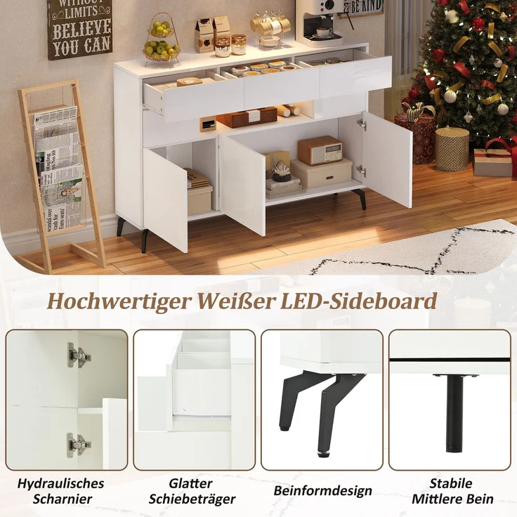 Abrihome Sideboard mit Stauraum und LED, Weiß, 94x30x140 cm – Bild 5
