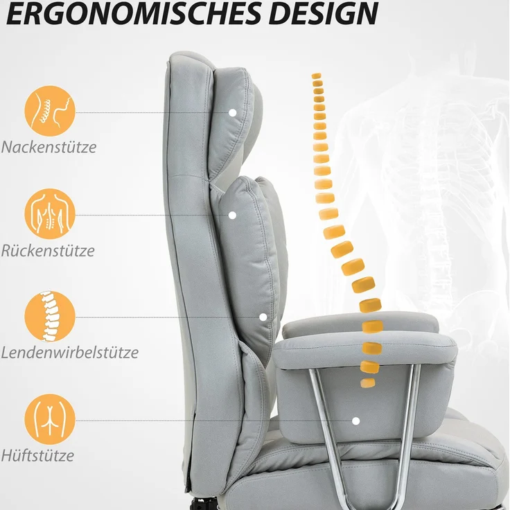MELAYR, Ergonomischer Bürostuhl, gepolstert, mit Fußstütze, verstellbarer Lehne, 74 x 65 x 128 cm, Hellgrau – Bild 6