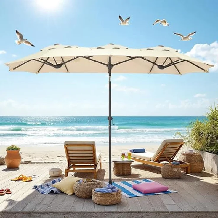 Spetebo Sonnenschirm Doppel Sonnenschirm 300 x 150 cm - natur, LxB: 300.00x150.00 cm, Packung, mit Handkurbel, Drei Kuppel Sonnenschutz Gartenschirm – Bild 7