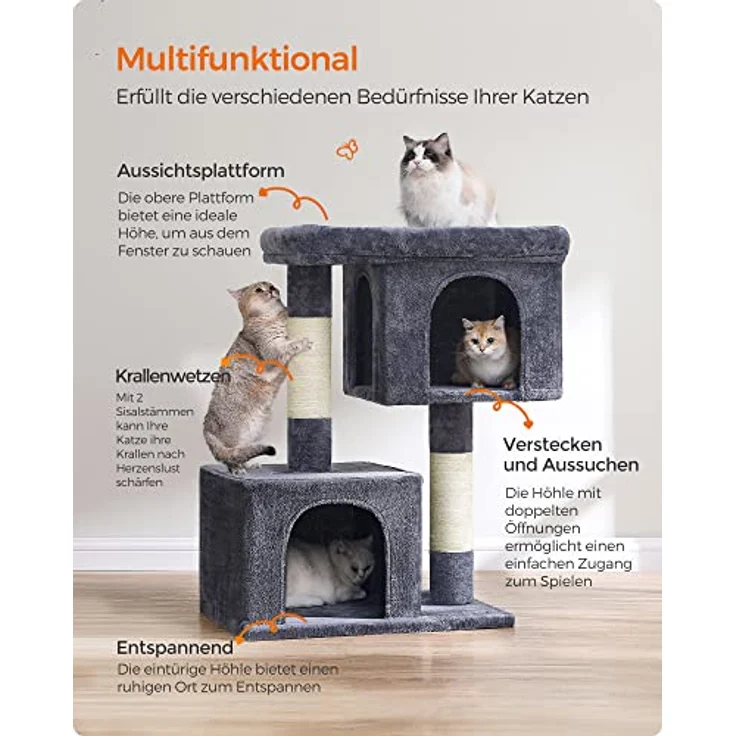 Feandrea Kratzbaum, 101 cm Katzenbaum, XL, Katzenhaus für extra große Katzen bis zu 20 kg, große Plattform, 2 Katzenhöhlen, Sisalstämme, rauchgrau PCT614G01 – Bild 5