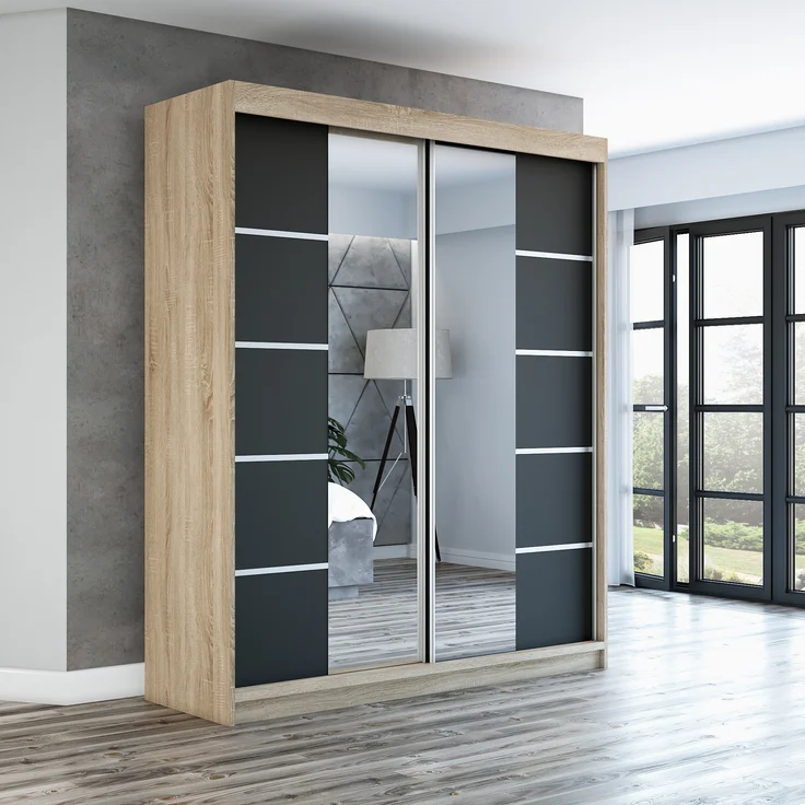Schwebetürenschrank ERA 2-türig Schrank 180 cm (mit Spiegel) Farbe: Sonoma , schwarz – Bild 2