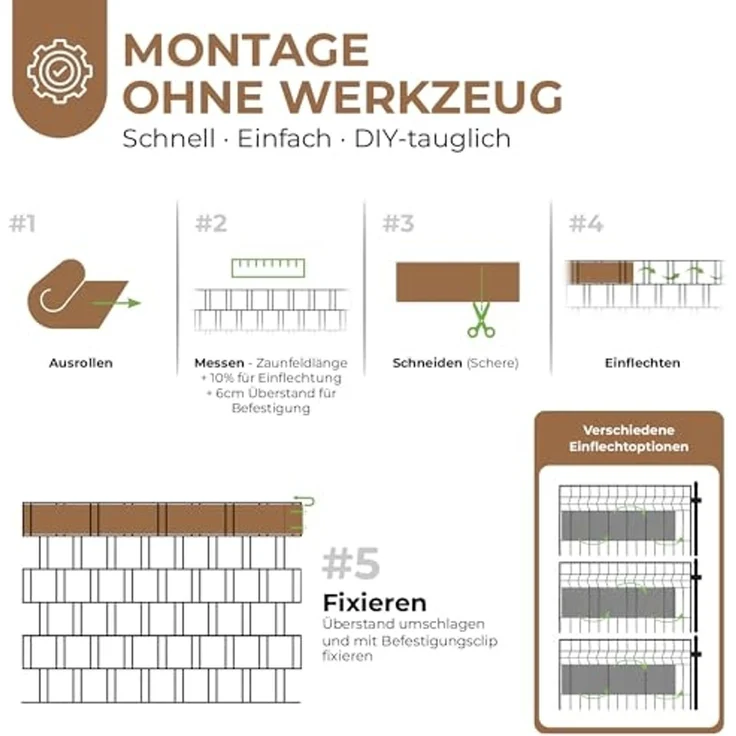 BooGardi PVC Sichtschutzstreifen · Sichtschutz Zaun 19 cm x 35 m Rattan 1 Rolle · 450 g/m² · inkl. 30 Clips · Zaunblende für Doppelstabmattenzaun & Stabmattenzaun · Blickdicht & wetterfest – Bild 5